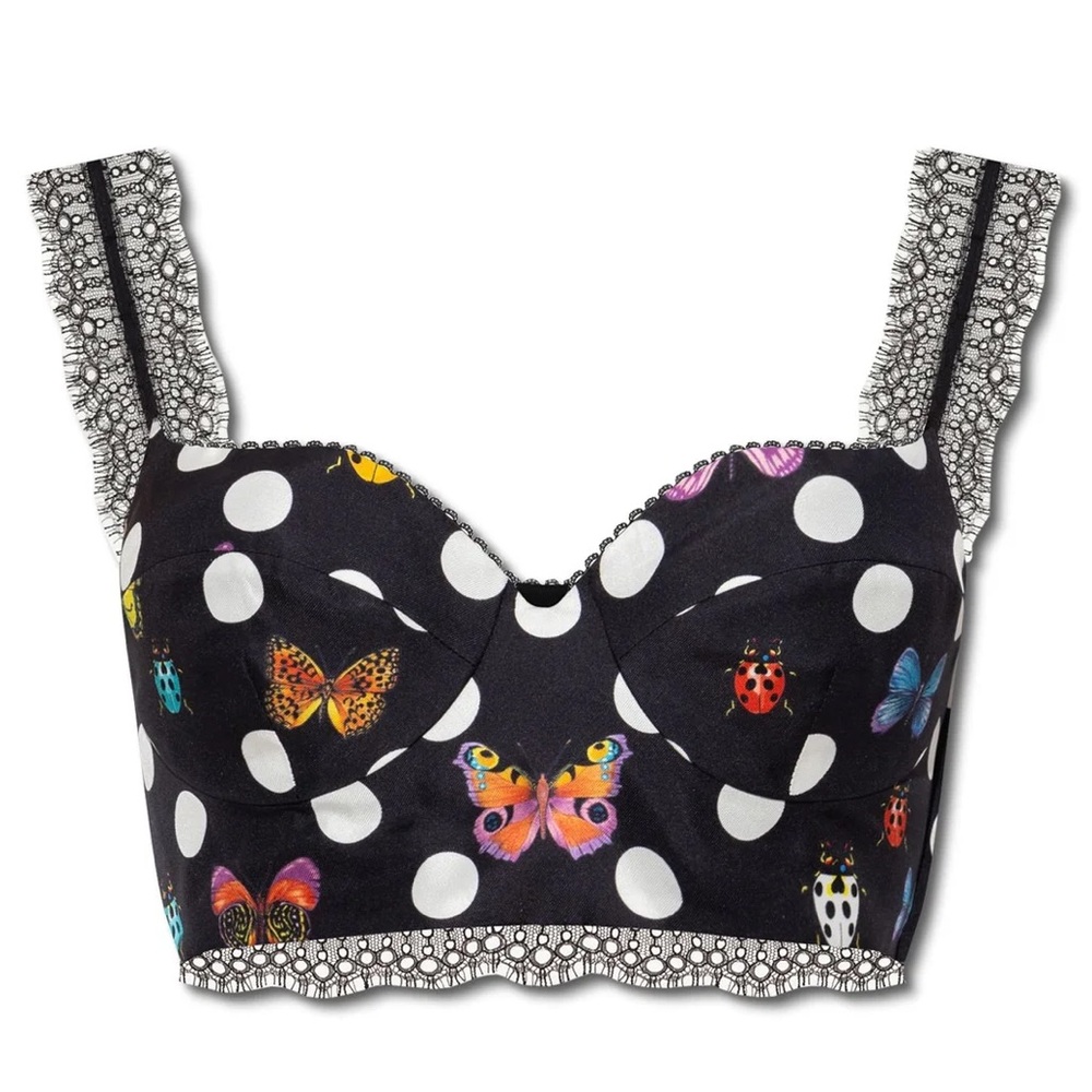 Versace x Dua Lipa Butterfly Ladybug Polka Dot Silk Bra Top with Lace NWT
